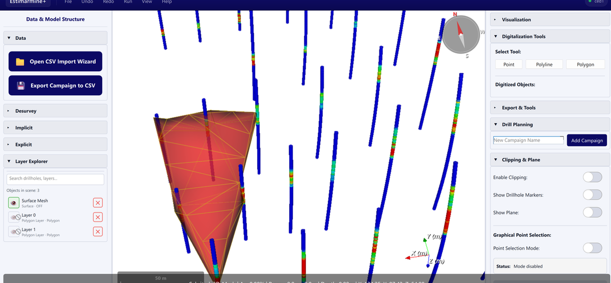 Estimarmine+ desktop application showing a 3D drillhole campaign and a modelled mesh.